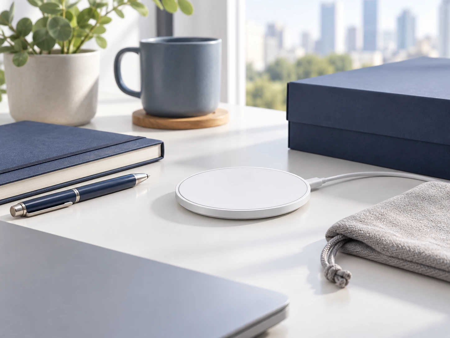 Wireless charging pad in a branded office gift setting