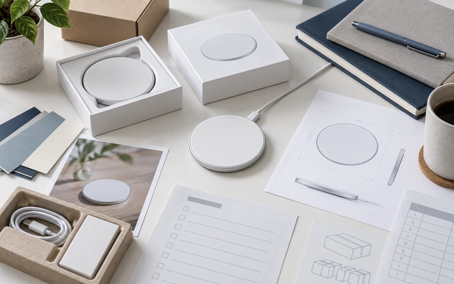 Wireless charger sample, packaging, and project planning materials