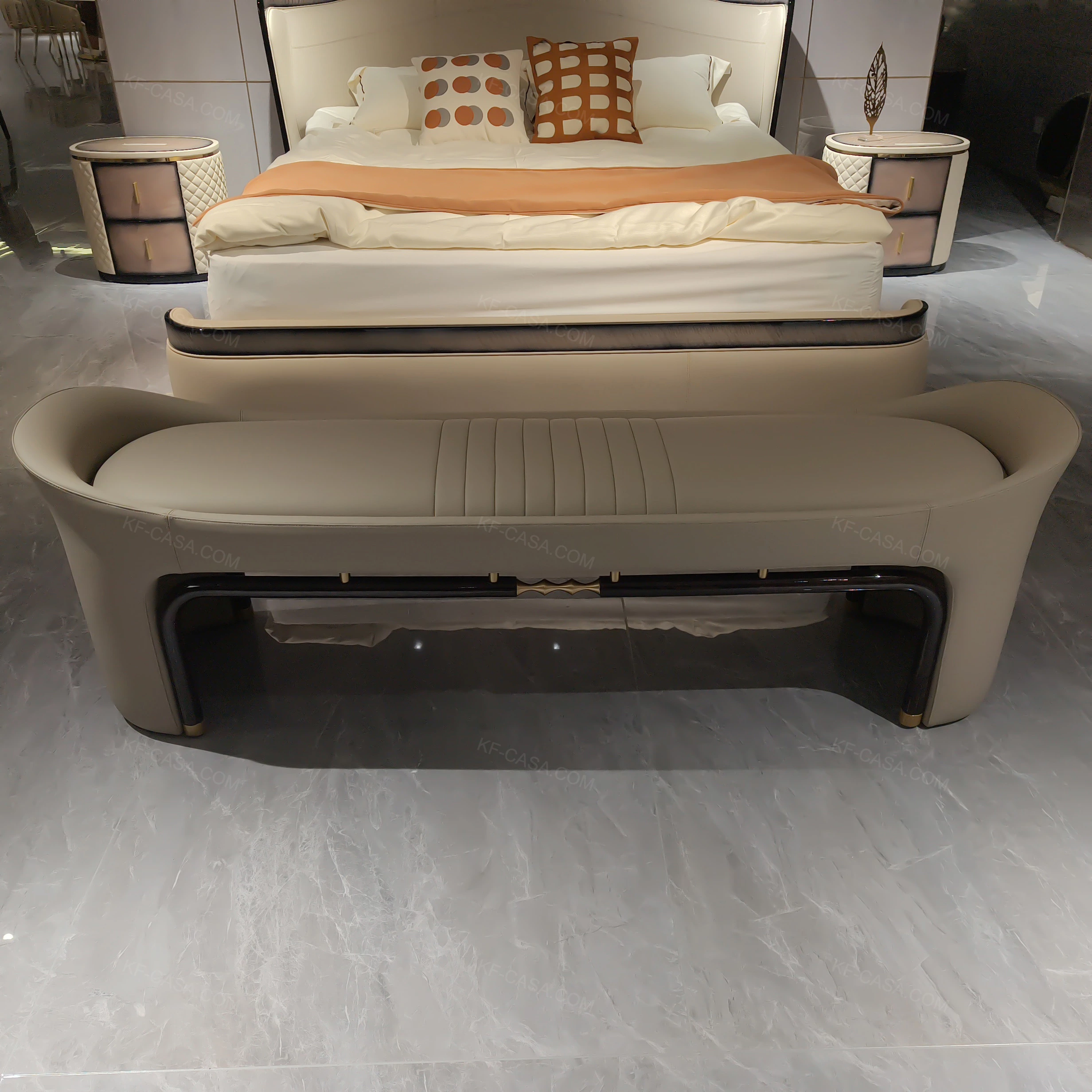 Quilted Leather & Blush Natural Wood Veneer Nightstand with Stainless Steel Accents