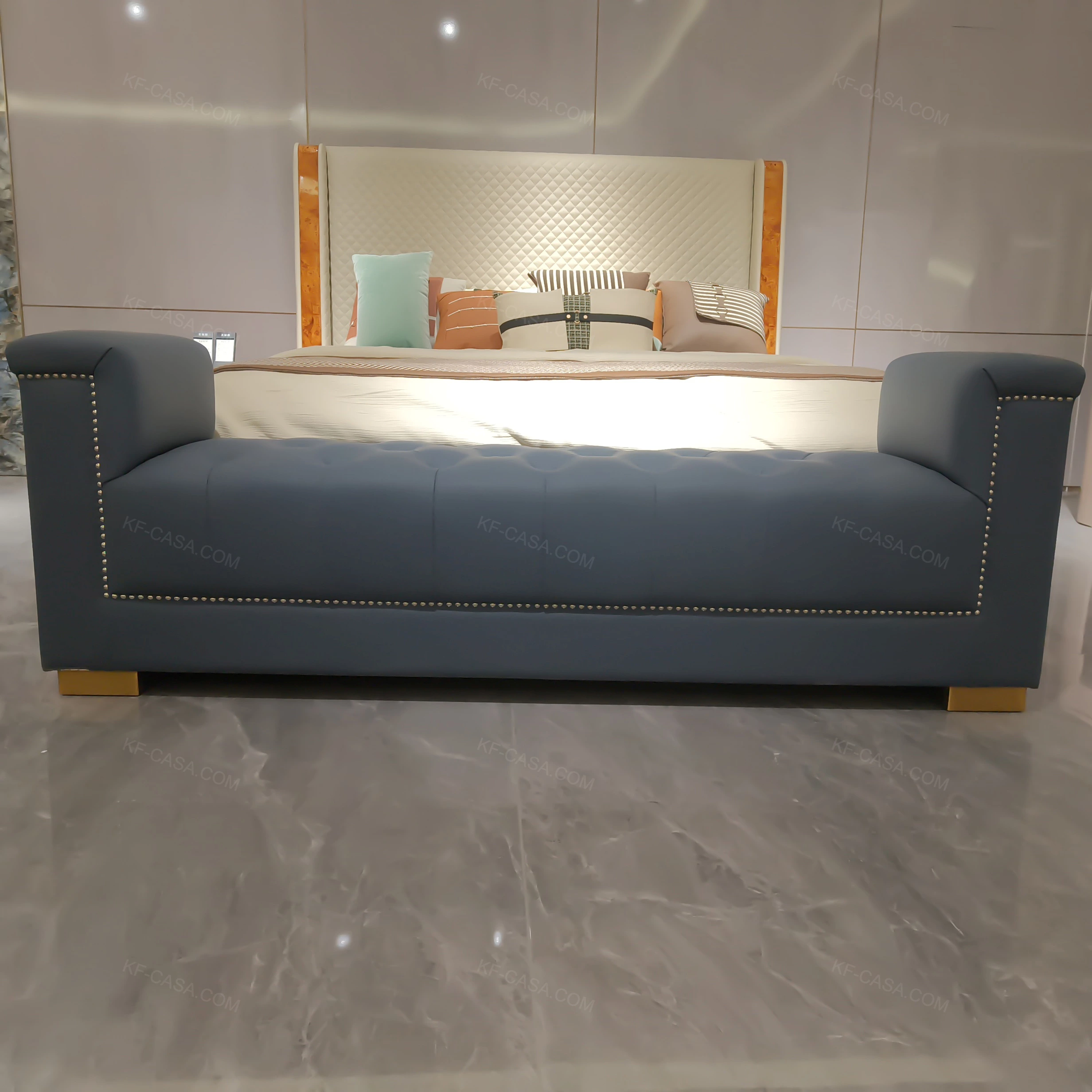 Quilted Leather & Natural Wood Veneer Nightstand with Open Shelf & Contrast Trim