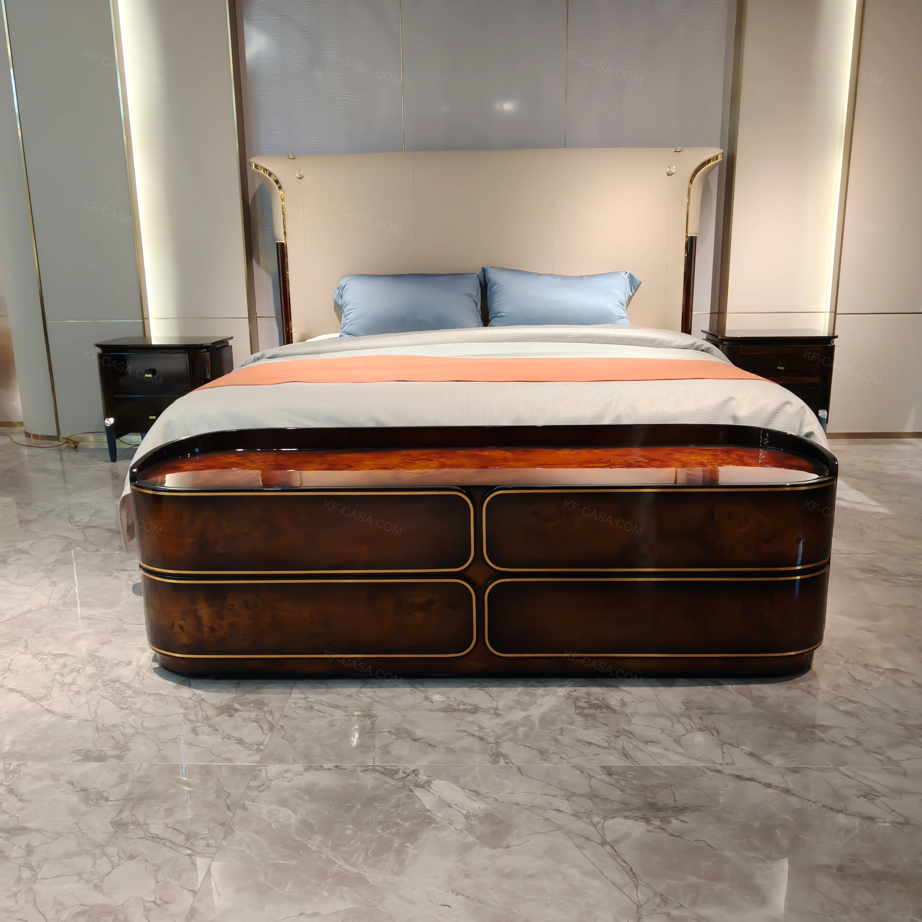 Natural Wood Grain Veneer Two-Drawer Nightstand with Stainless Steel Details