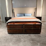 Natural Wood Grain Veneer Two-Drawer Nightstand with Stainless Steel Details