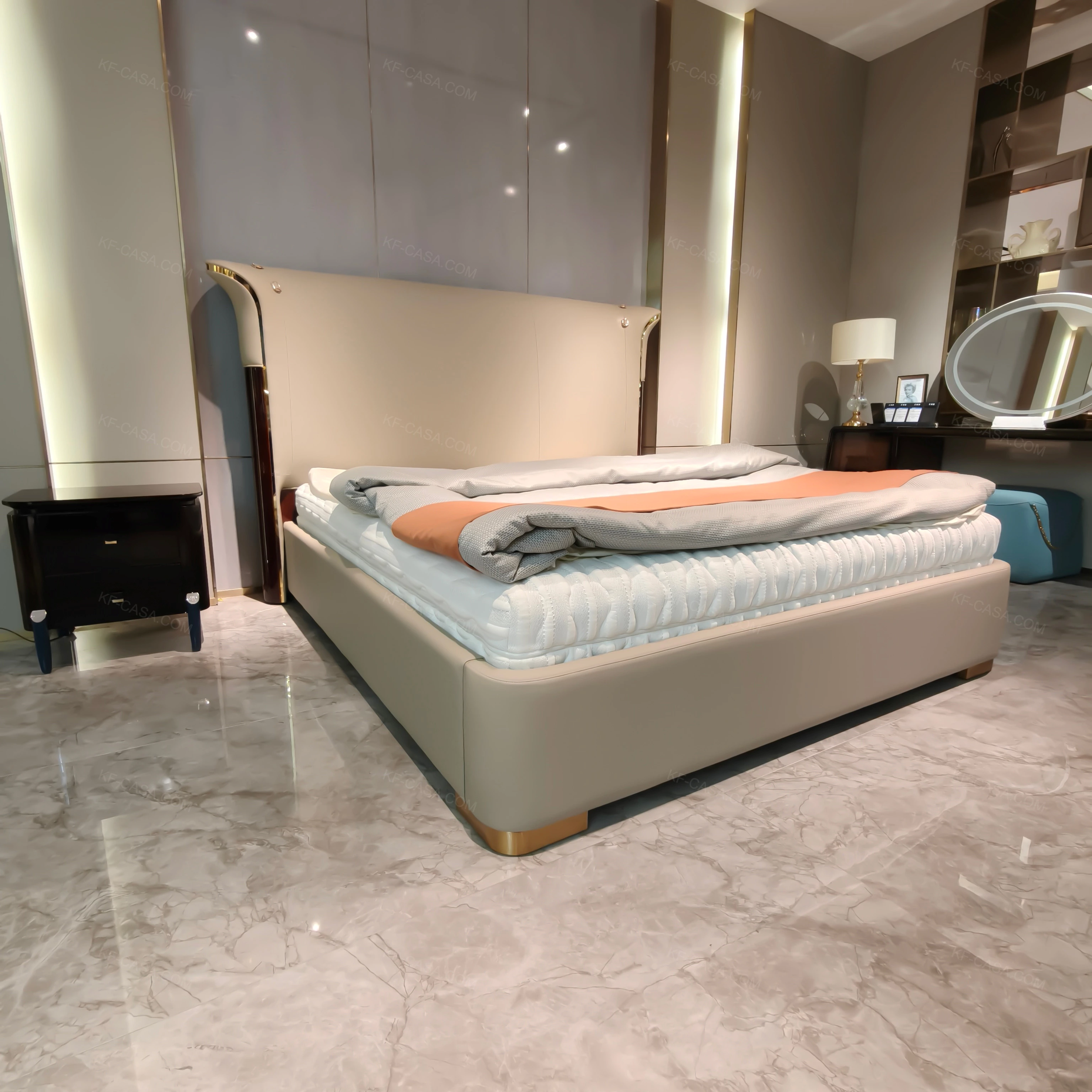 Natural Wood Grain Veneer Two-Drawer Nightstand with Stainless Steel Details