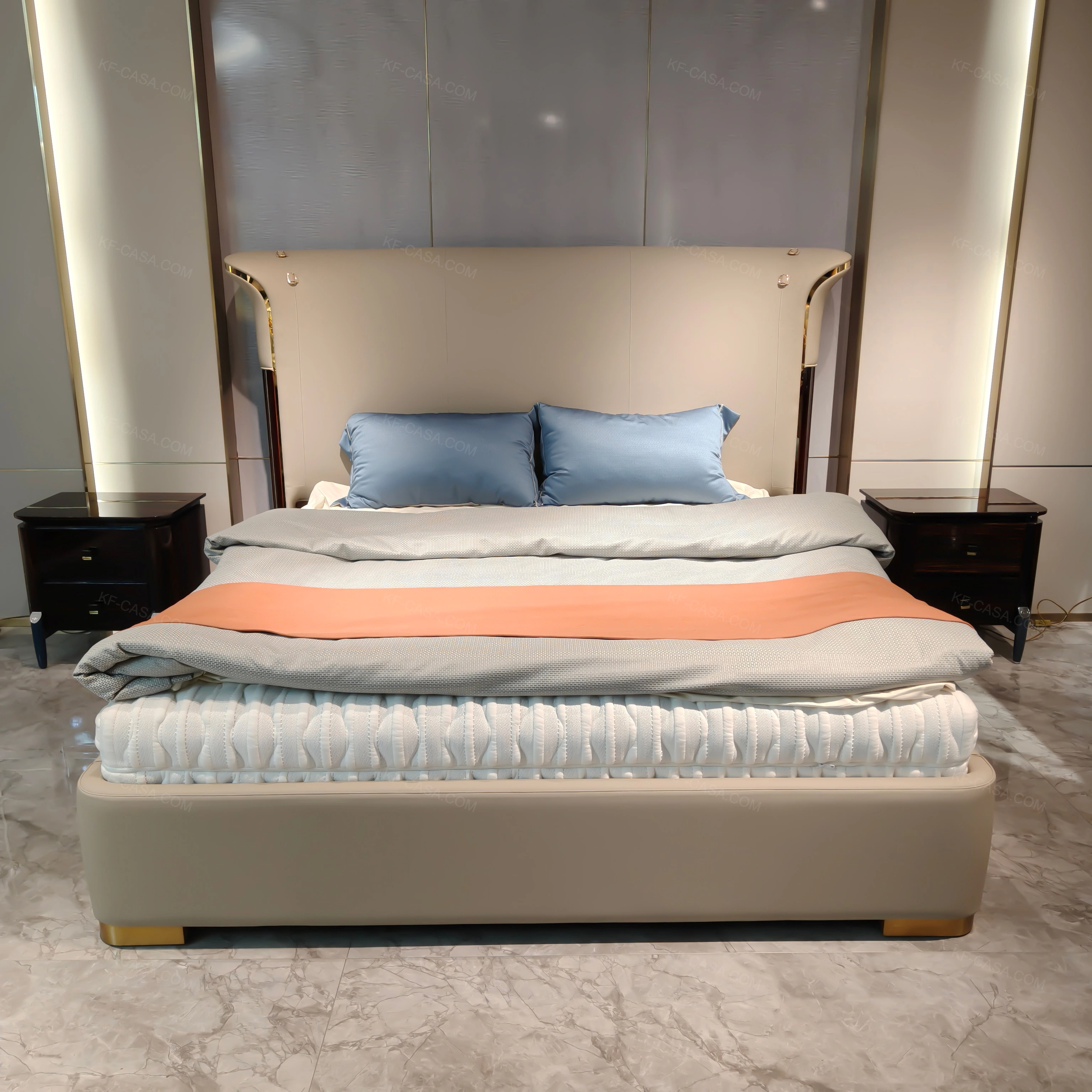 Natural Wood Grain Veneer Two-Drawer Nightstand with Stainless Steel Details