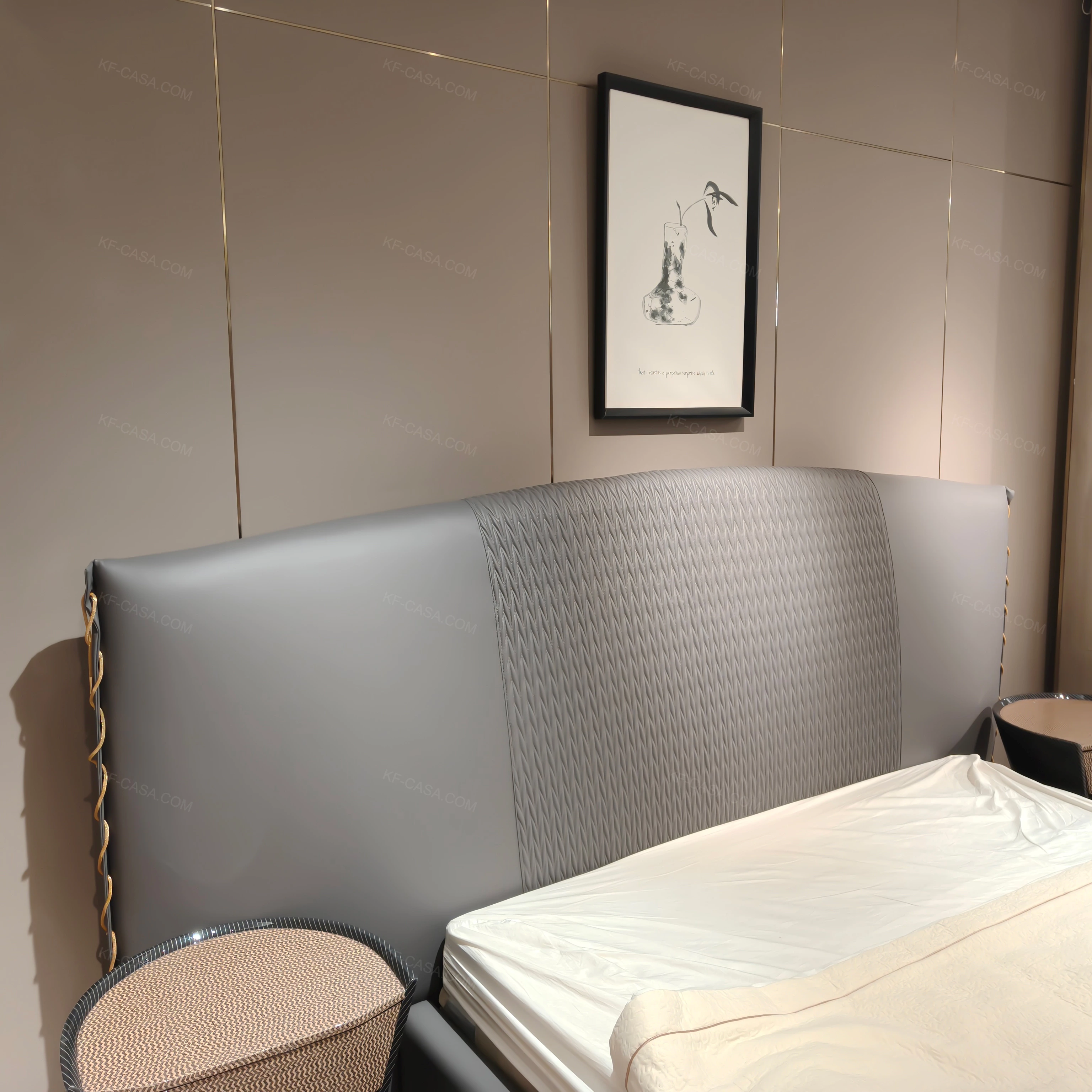 Luxury Natural Wood Veneer Nightstand | Woven Panel + Stainless Steel Accents + Leather Strap Design