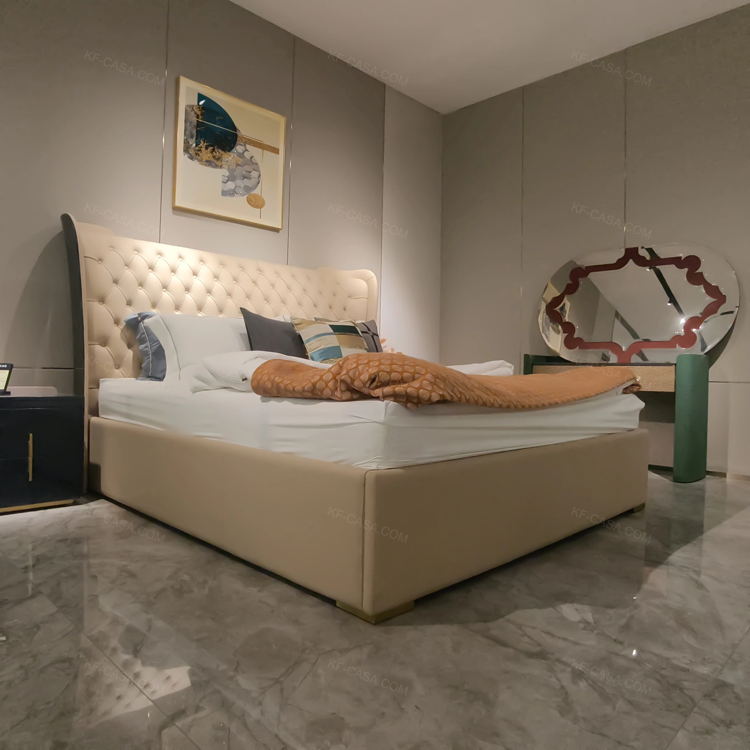 Navy Natural Wood Veneer Nightstand with Blush Accents & Stainless Steel Handles