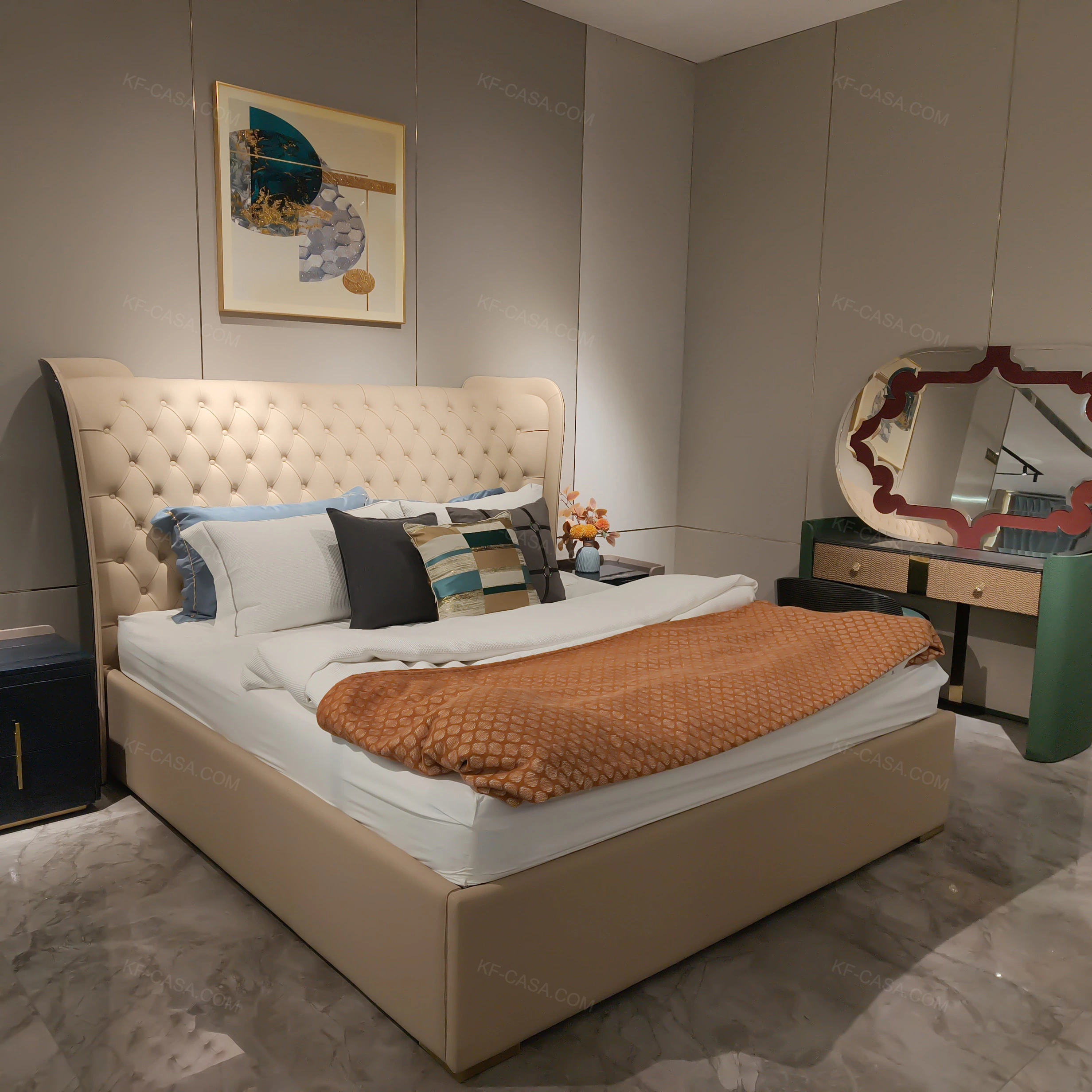 Navy Natural Wood Veneer Nightstand with Blush Accents & Stainless Steel Handles