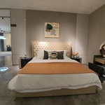 Navy Natural Wood Veneer Nightstand with Blush Accents & Stainless Steel Handles