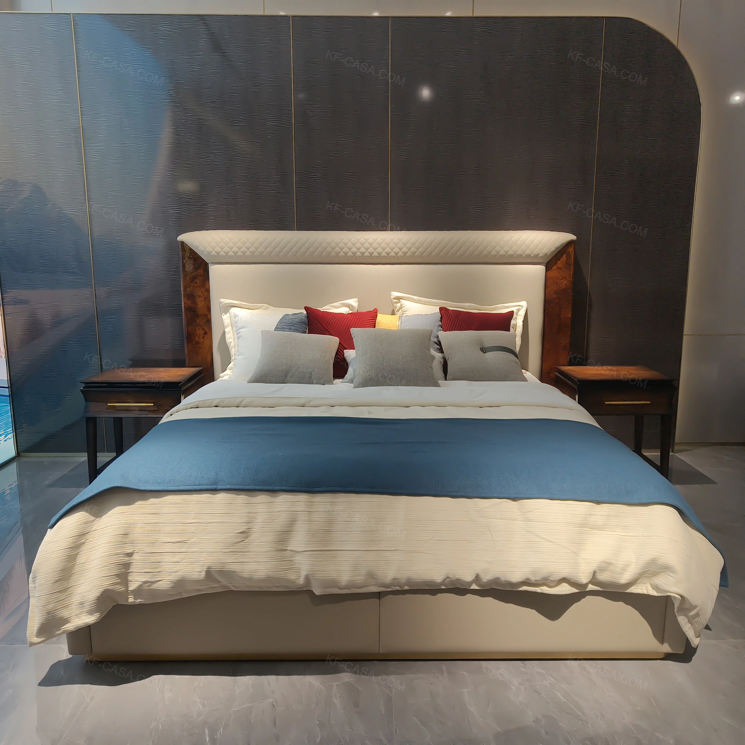 Burl Natural Wood Veneer Nightstand with Polished Stainless Steel Handle & Open Shelf