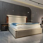 Burl Natural Wood Veneer Nightstand with Polished Stainless Steel Handle & Open Shelf