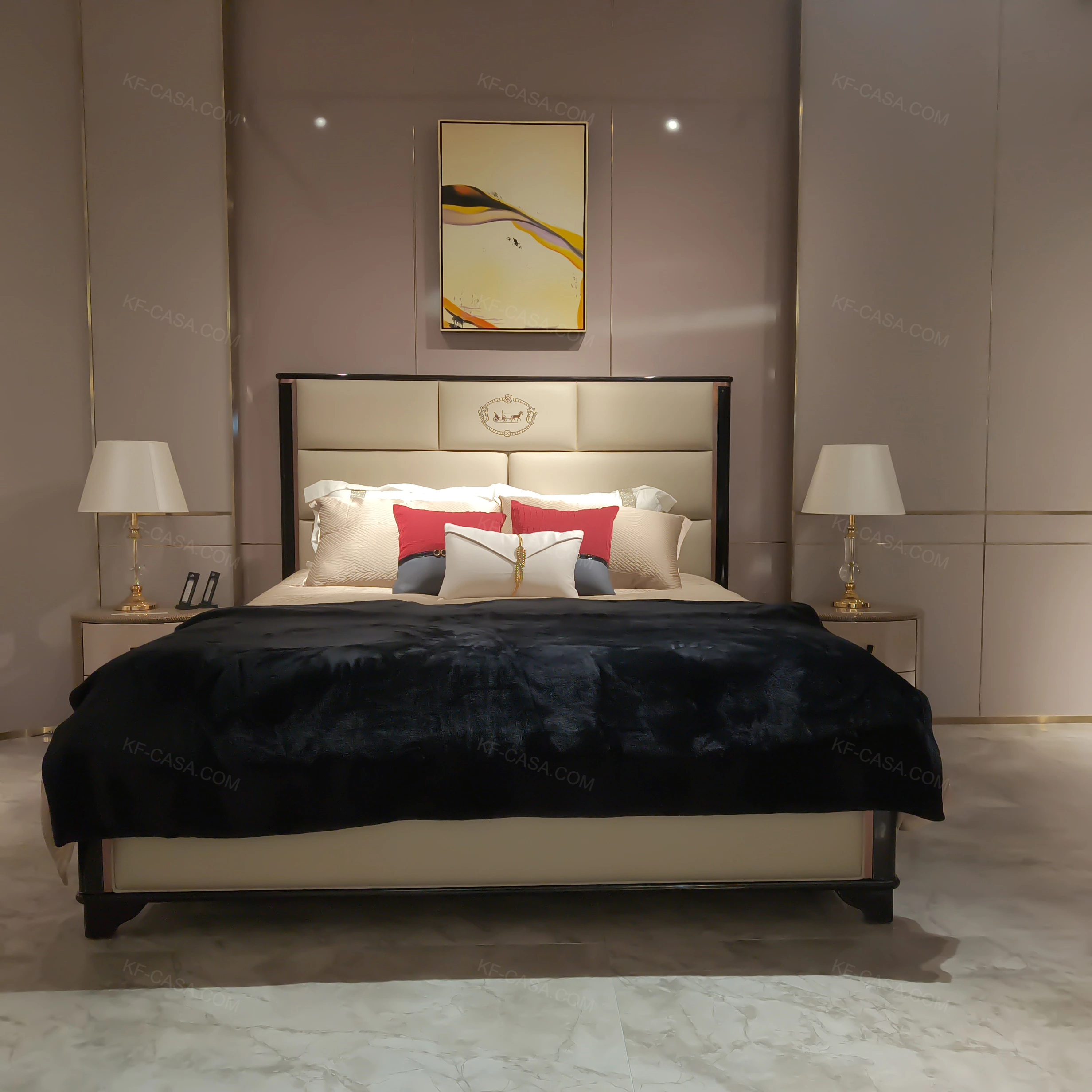 Curved Beige Nightstand with Woven Accents & Stainless Steel Hardware