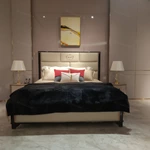 Curved Beige Nightstand with Woven Accents & Stainless Steel Hardware