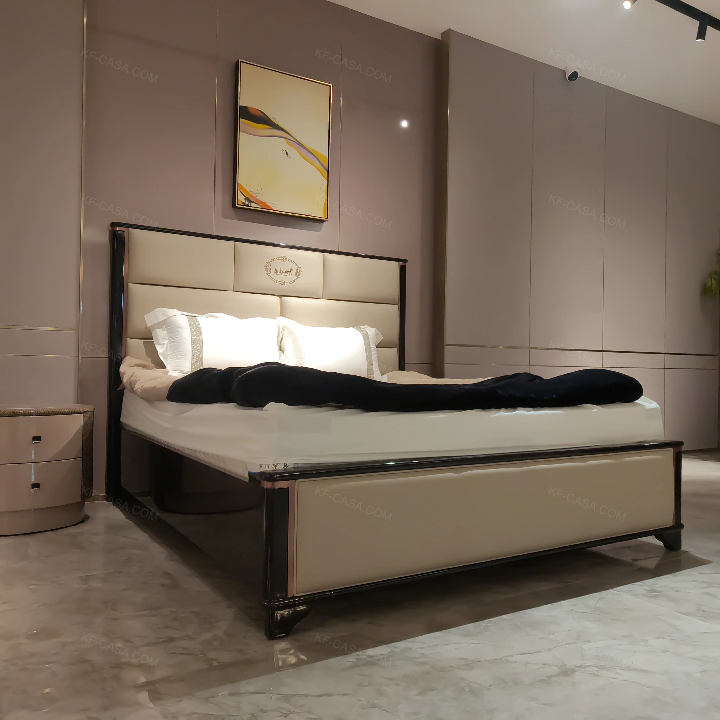 Curved Beige Nightstand with Woven Accents & Stainless Steel Hardware